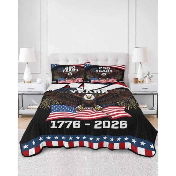 Twin Quilt Bedding Set 1776-2026 Patriotic Eagle Summer Quilt Lightweight Quilted Coverlet with 2 Pillow Shams, Fireworks USA Background 3-Piece Bedspread Quilt Set for All Season