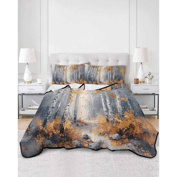 Twin Quilt Bedding Set Abstract Autumn Forest Natural Scene Summer Quilt Lightweight Quilted Coverlet with 2 Pillow Shams, Oil Painting Art Tree Plant 3-Piece Bedspread Quilt Set for All Season