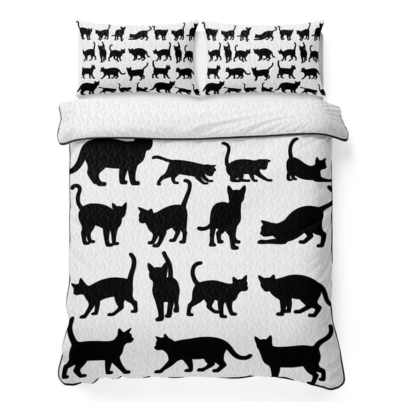Twin Quilt Bedding Set, Abstract Black Cat Silhouette Soft Microfiber Summer Bedspread Coverlet with 2 Pillow Shams, Modern Farmhouse Animal Style Breathable Bedding Set for Hot Sleepers