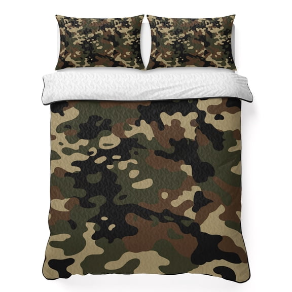 Twin Quilt Bedding Set Abstract Camouflages Texture Breathable Summer Cooling Blanket for Hot Sleepers, Retro Camo Pattern Lightweight Soft Bedding Set with 2 Pillow Shams for All Season
