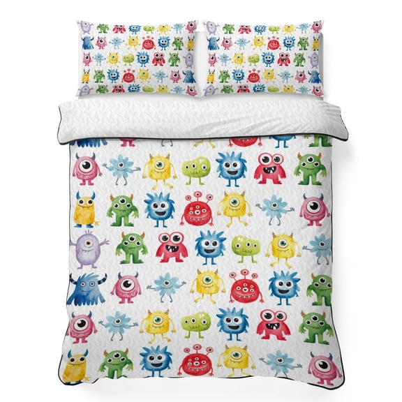 Twin Quilt Bedding Set Abstract Cartoon Monsters Breathable Summer Cooling Blanket for Hot Sleepers, Seamless Colorful Cute Alien Lightweight Soft Bedding Set with 2 Pillow Shams for All Season