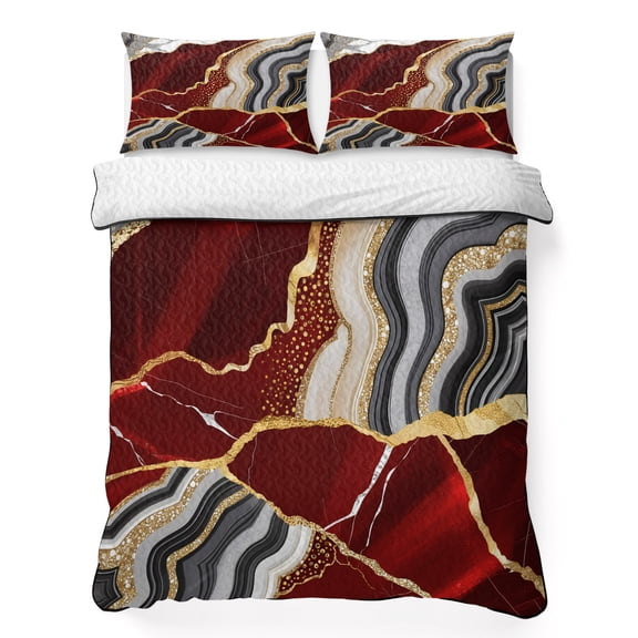 Twin Quilt Bedding Set Abstract Flowing Marble Fluid Art Breathable Summer Cooling Blanket for Hot Sleepers, Red and Gold Lines Lightweight Soft Bedding Set with 2 Pillow Shams for All Season