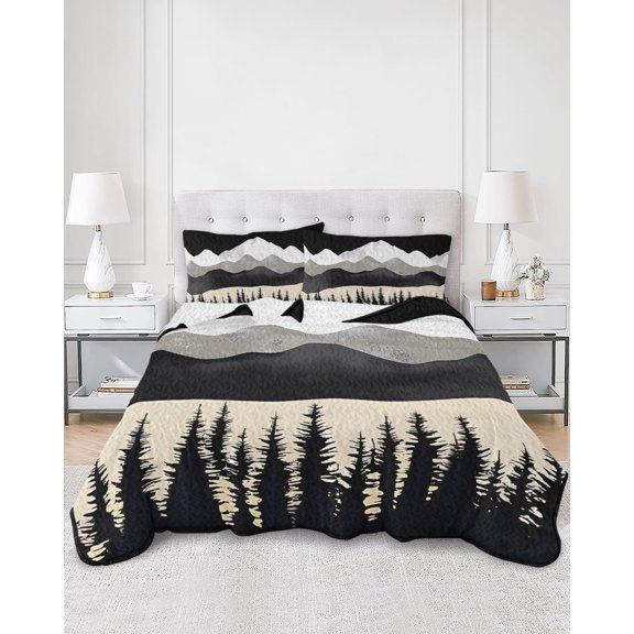 Twin Quilt Bedding Set Abstract Forest Mountain Pine Tree Summer Quilt Lightweight Quilted Coverlet with 2 Pillow Shams, Retro Peaks Landscape 3-Piece Bedspread Quilt Set for All Season