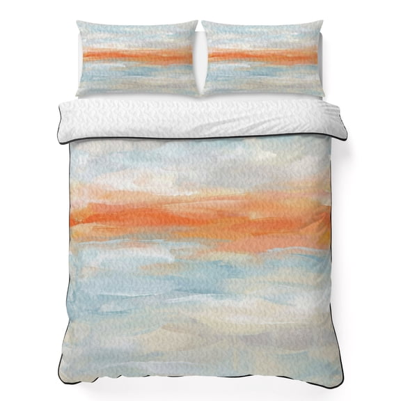 Twin Quilt Bedding Set Abstract Ocean Beach Sunset Scene Breathable Summer Cooling Blanket for Hot Sleepers, Watercolor Orange Blue Gray Soft Bedding Set with 2 Pillow Shams for All Season