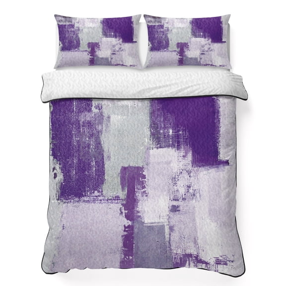 Twin Quilt Bedding Set, Abstract Purple Color Block Soft Microfiber Summer Bedspread Coverlet with 2 Pillow Shams, Watercolor Geometric Graffiti Style Breathable Bedding Set for Hot Sleepers