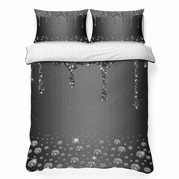 Twin Quilt Bedding Set, Abstract Shining Diamond Soft Microfiber Summer Bedspread Coverlet with 2 Pillow Shams, Stones on Gradient Black Background Breathable Bedding Set for Hot Sleepers