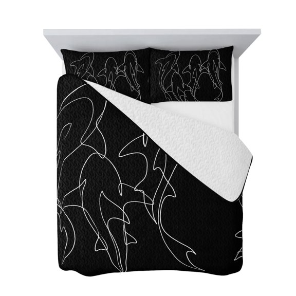 Twin Quilt Bedding Set, Abstractions Black White Line Sharks Soft Microfiber Summer Bedspread Coverlet with 2 Pillow Shams for All Season, Marine Life Breathable Bedding Set for Hot Sleepers
