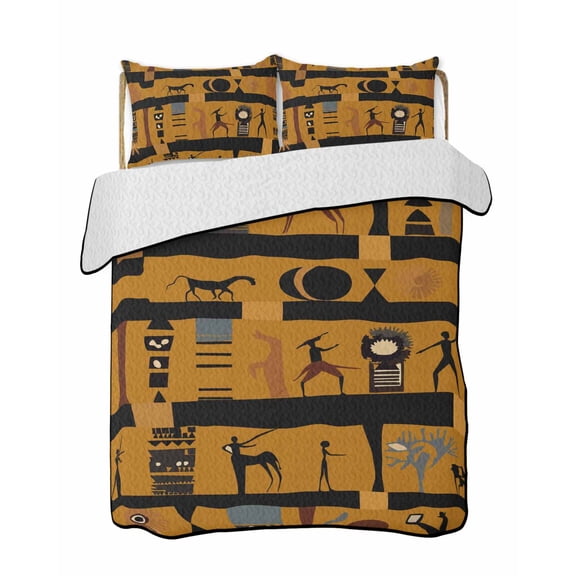 Twin Quilt Bedding Set, African Ethnic Reversible Summer Quilt 3 Pieces, Vintage Ethnic Tribes Richness Brown Lightweight Bedspreads Coverlets with 2 Pillow Shams for All Seasons