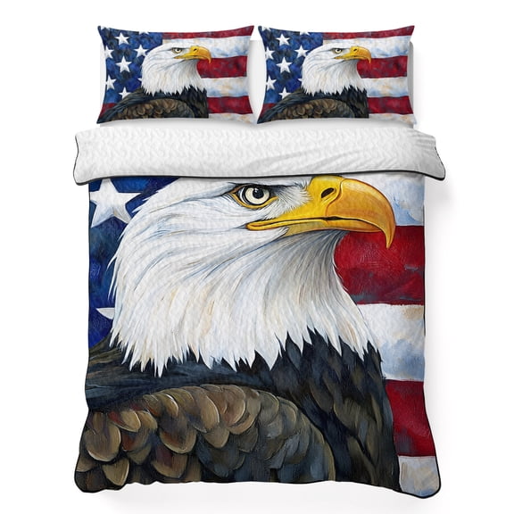 Twin Quilt Bedding Set, American Eagle Flag Soft Microfiber Summer Bedspread Coverlet with 2 Pillow Shams for All Season, Independence Day Flag Breathable Bedding Set for Hot Sleepers