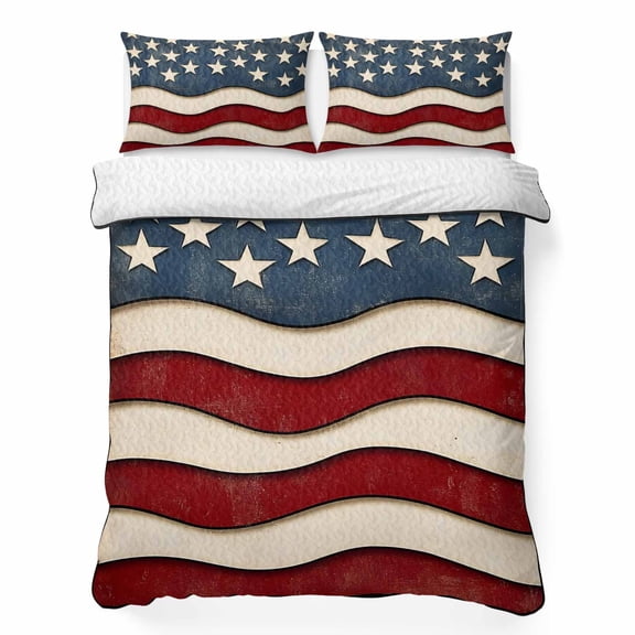 Twin Quilt Bedding Set, American Flag Patriotic Soft Microfiber Summer Bedspread Coverlet with 2 Pillow Shams for All Season, Vintage Stars and Stripes Breathable Bedding Set for Hot Sleepers