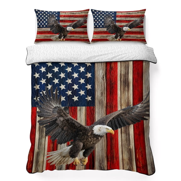 Twin Quilt Bedding Set, American Patriotic Eagle Soft Microfiber Summer Bedspread Coverlet with 2 Pillow Shams, July 4th USA Flag Retro Wood Plank Breathable Bedding Set for Hot Sleepers