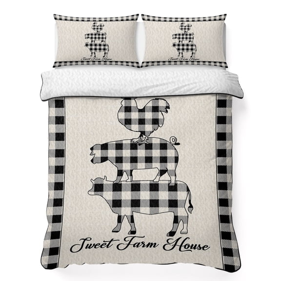 Twin Quilt Bedding Set Animals Cow Pig Chicken Black Buffalo Plaid Summer Cooling Blanket for Hot Sleepers, Sweet Farm House on Retro Linen Soft Bedding Set with 2 Pillow Shams for All Season