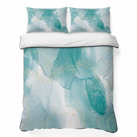 Twin Quilt Bedding Set, Aqua Gradient Marble Abstract Ombre Soft Microfiber Summer Bedspread Coverlet with 2 Pillow Shams for All Season, Gold Stripe Ink Art Breathable Bedding Set for Hot Sleepers
