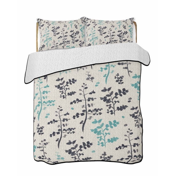 Twin Quilt Bedding Set, Aqua Grey Botanical Reversible Summer Quilt 3 Pieces, Rustic Country Spring Floral Summer Leafv Lightweight Bedspreads Coverlets with 2 Pillow Shams for All Seasons