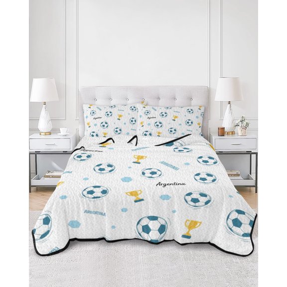 Twin Quilt Bedding Set Argentina Soccer Pattern Summer Quilt Lightweight Quilted Coverlet with 2 Pillow Shams, Cartoon Sports Football 3-Piece Bedspread Quilt Set for All Season