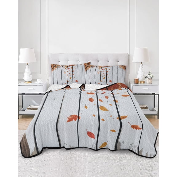 Twin Quilt Bedding Set Autumn Fallen Leaves on Wood Grain Summer Quilt Lightweight Quilted Coverlet with 2 Pillow Shams, Retro Maple Tree 3-Piece Bedspread Quilt Set for All Season