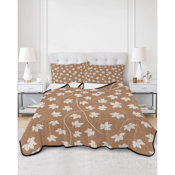 Twin Quilt Bedding Set Autumn Maple Leaves Seamless Summer Quilt Lightweight Quilted Coverlet with 2 Pillow Shams, Brown Solid Color 3-Piece Bedspread Quilt Set for All Season