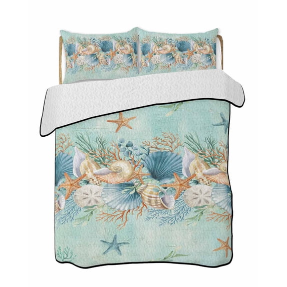 Twin Quilt Bedding Set, Beach Coastal Teal Reversible Summer Quilt 3 Pieces, Nautical Shell Starfish Coral Summer Lightweight Bedspreads Coverlets with 2 Pillow Shams for All Seasons