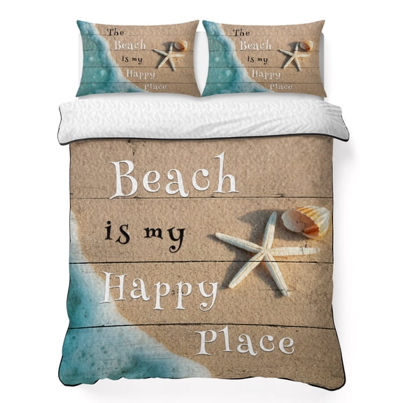 Twin Quilt Bedding Set, Beach Happy Place Starfish Shells Soft Microfiber Summer Bedspread Coverlet with 2 Pillow Shams for All Season, Seaside Sea Water Breathable Bedding Set for Hot Sleepers