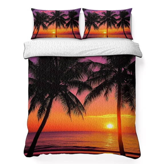 Twin Quilt Bedding Set, Beach Sunset Summer Coconut Tree Soft Microfiber Summer Bedspread Coverlet with 2 Pillow Shams for All Season, Tropical Plant Shadow Breathable Bedding Set for Hot Sleepers
