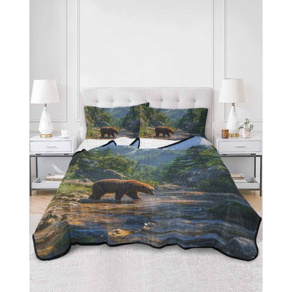 Twin Quilt Bedding Set Bear Forest Mountains River Summer Quilt Lightweight Quilted Coverlet with 2 Pillow Shams, Natural Scenery 3-Piece Bedspread Quilt Set for All Season