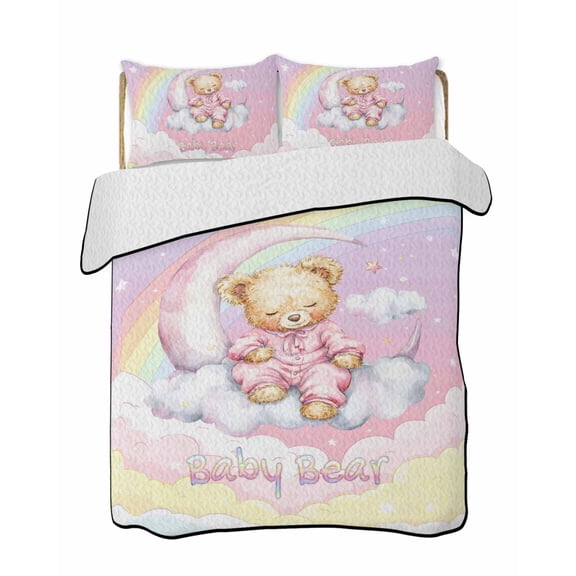 Twin Quilt Bedding Set, Bears Reversible Summer Quilt 3 Pieces, Cute Rainbow Clouds Moon Pink Purple Lightweight Bedspreads Coverlets with 2 Pillow Shams for All Seasons