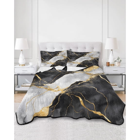 Twin Quilt Bedding Set Black Grey Gold Marble Texture Summer Quilt Lightweight Quilted Coverlet with 2 Pillow Shams, Luxury Pattern Flow Stone 3-Piece Bedspread Quilt Set for All Season