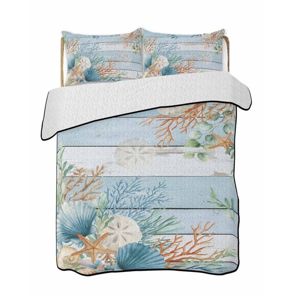 Twin Quilt Bedding Set, Blue Beach Coastal Reversible Summer Quilt 3 Pieces, Summer Nautical Coral Shell Botanical Vintage Lightweight Bedspreads Coverlets with 2 Pillow Shams for All Seasons