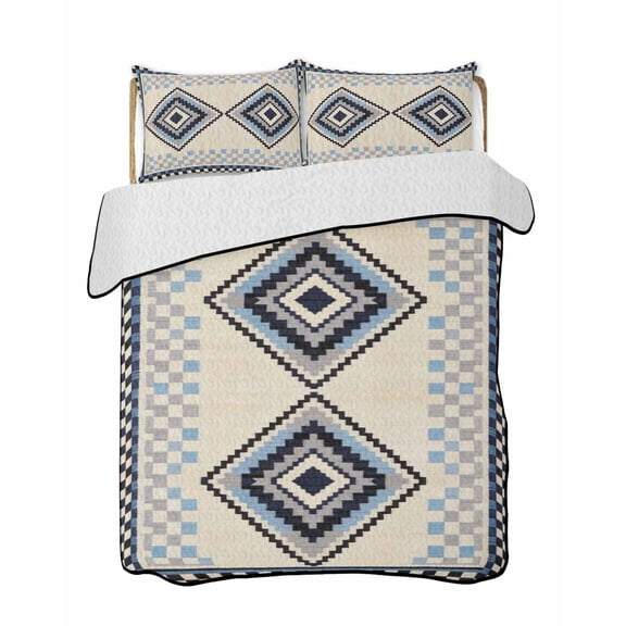 Twin Quilt Bedding Set, Blue Black Grey Reversible Summer Quilt 3 Pieces, Boho Southwestern Geometric Lightweight Bedspreads Coverlets with 2 Pillow Shams for All Seasons