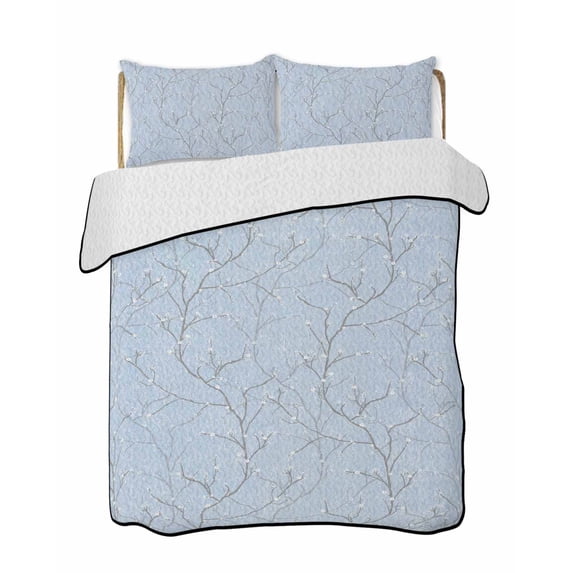 Twin Quilt Bedding Set, Blue Branches Reversible Summer Quilt 3 Pieces, Vintage Art Farmhouse Lightweight Bedspreads Coverlets with 2 Pillow Shams for All Seasons