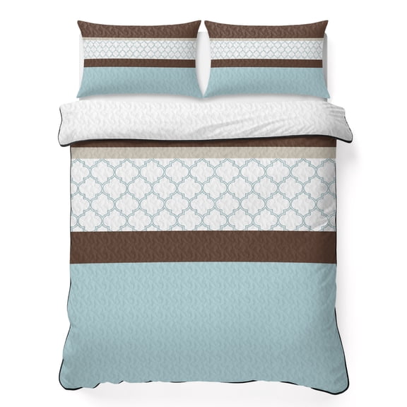 Twin Quilt Bedding Set, Blue Brown Moroccan Trellis Soft Microfiber Summer Bedspread Coverlet with 2 Pillow Shams for All Season, Modern Abstract Art Breathable Bedding Set for Hot Sleepers
