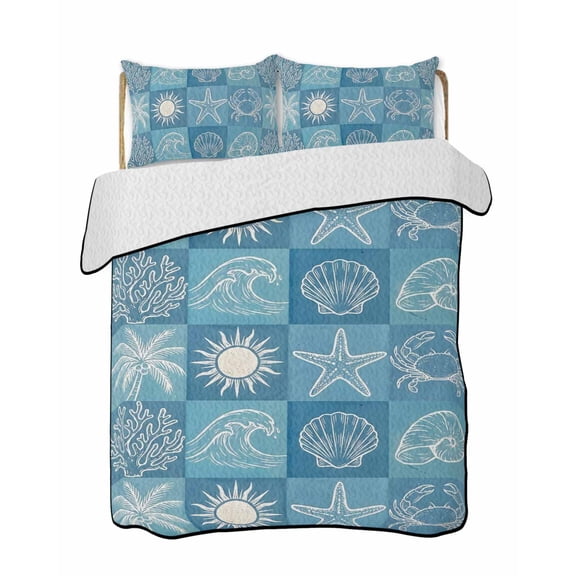 Twin Quilt Bedding Set, Blue Coastal Reversible Summer Quilt 3 Pieces, Starfish Shell Coral Palm Trees Conch Ocean Lightweight Bedspreads Coverlets with 2 Pillow Shams for All Seasons