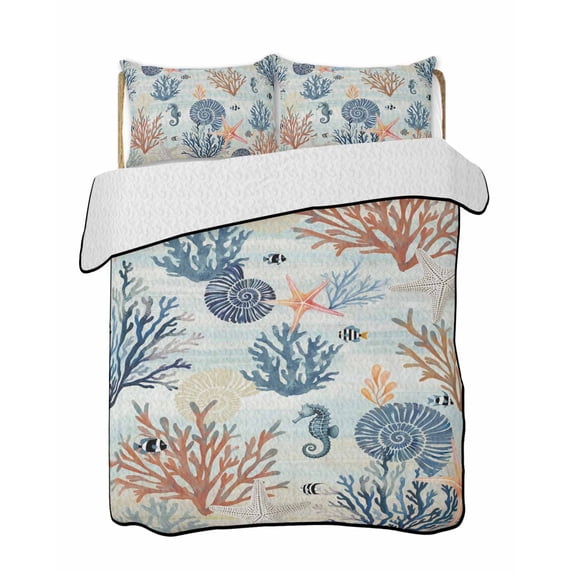 Twin Quilt Bedding Set, Blue Coastal Reversible Summer Quilt 3 Pieces, Summer Beach Coral Shell Starfish Seahorse Lightweight Bedspreads Coverlets with 2 Pillow Shams for All Seasons