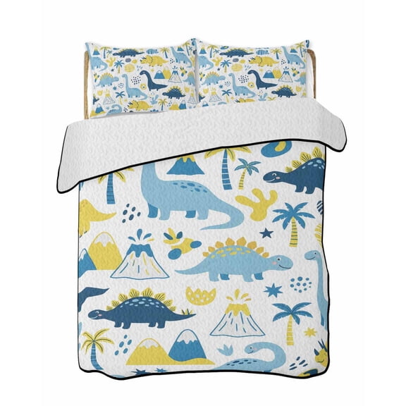 Twin Quilt Bedding Set, Blue Dinosaur Reversible Summer Quilt 3 Pieces, Palm Trees Mountains Modern Abstract Art Lightweight Bedspreads Coverlets with 2 Pillow Shams for All Seasons