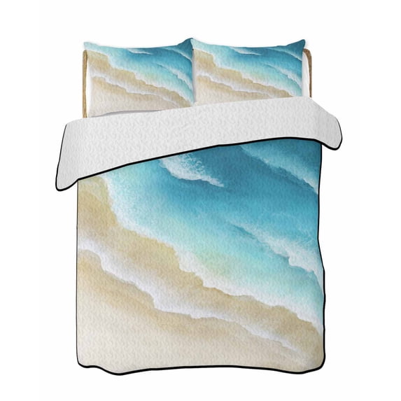 Twin Quilt Bedding Set, Blue Gradient Beach Reversible Summer Quilt 3 Pieces, Watercolor Coastal Seaside Waves Ombre Lightweight Bedspreads Coverlets with 2 Pillow Shams for All Seasons
