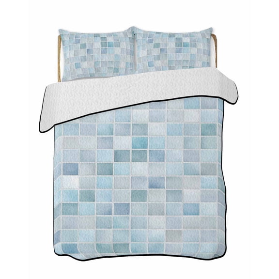 Twin Quilt Bedding Set, Blue Grey Checkered Reversible Summer Quilt 3 Pieces, Farmhouse Plaid Buffalo Elegant Geometric Lightweight Bedspreads Coverlets with 2 Pillow Shams for All Seasons