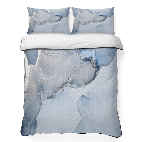 Twin Quilt Bedding Set Blue Marble Abstract Clouds Water Ripple Breathable Summer Cooling Blanket for Hot Sleepers, Fluid Art Lightweight Soft Bedding Set with 2 Pillow Shams for All Season