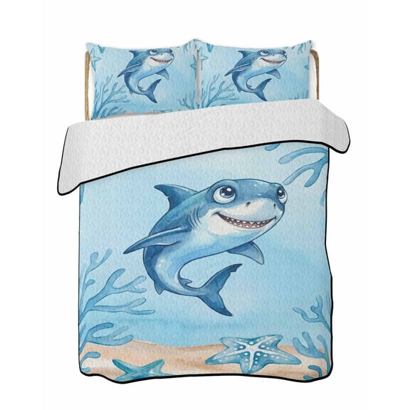 Twin Quilt Bedding Set, Blue Shark Coastal Reversible Summer Quilt 3 Pieces, Summer Beach Coral Nautical Ocean Lightweight Bedspreads Coverlets with 2 Pillow Shams for All Seasons