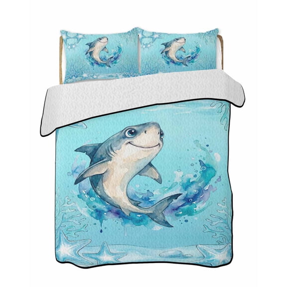 Twin Quilt Bedding Set, Blue Shark Coastal Reversible Summer Quilt 3 Pieces, Summer Beach Coral Ocean Nautical Lightweight Bedspreads Coverlets with 2 Pillow Shams for All Seasons