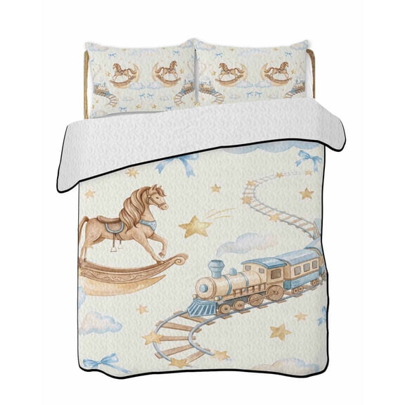 Twin Quilt Bedding Set, Blue Yellow Cartoon Reversible Summer Quilt 3 Pieces, Star Cute Hobbyhorse Train Cloud Lightweight Bedspreads Coverlets with 2 Pillow Shams for All Seasons