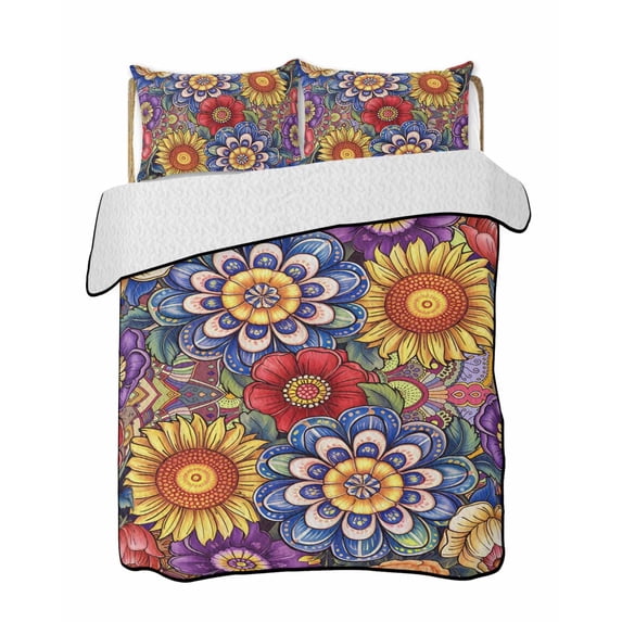 Twin Quilt Bedding Set, Boho Blue Flower Reversible Summer Quilt 3 Pieces, Spring Bohemia Chic Red Yellow Floral Lightweight Bedspreads Coverlets with 2 Pillow Shams for All Seasons