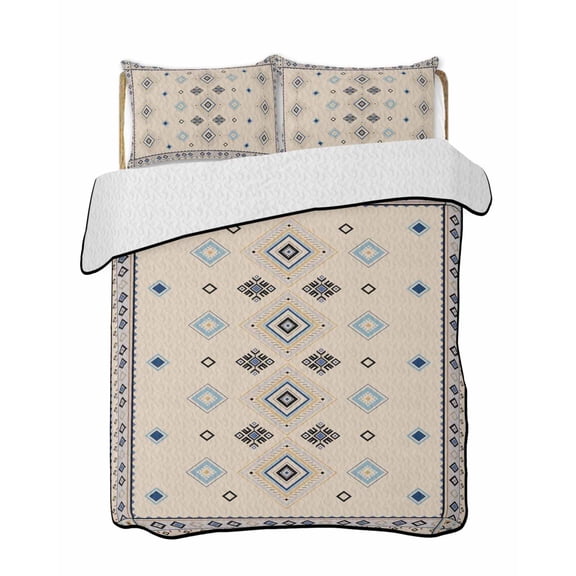 Twin Quilt Bedding Set, Boho Geometric Reversible Summer Quilt 3 Pieces, Retro Rustic Chic Ethnic Abstract Patterned Lightweight Bedspreads Coverlets with 2 Pillow Shams for All Seasons
