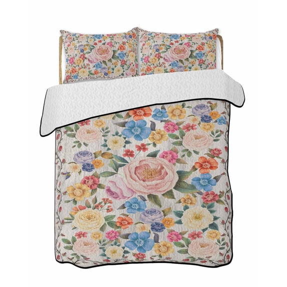 Twin Quilt Bedding Set, Boho Pink Flowers Reversible Summer Quilt 3 Pieces, Colorful Floral Spring Vintage Botanical Lightweight Bedspreads Coverlets with 2 Pillow Shams for All Seasons