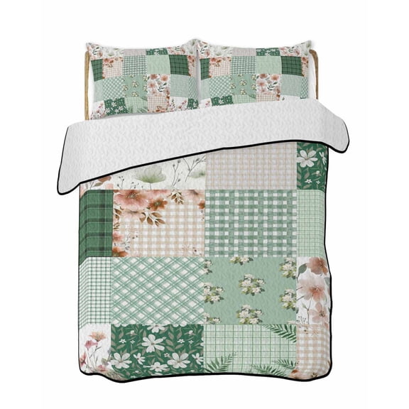 Twin Quilt Bedding Set, Boho Spring Floral Reversible Summer Quilt 3 Pieces, Retro Flowers Plants Patchwork Grid Green Lightweight Bedspreads Coverlets with 2 Pillow Shams for All Seasons