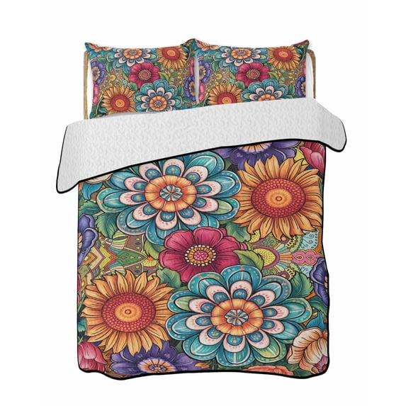 Twin Quilt Bedding Set, Boho Teal Flower Reversible Summer Quilt 3 Pieces, Spring Bohemia Chic Red Yellow Floral Lightweight Bedspreads Coverlets with 2 Pillow Shams for All Seasons