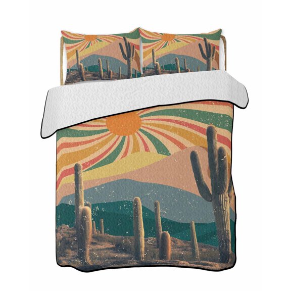 Twin Quilt Bedding Set, Boho Tropical Cactus Reversible Summer Quilt 3 Pieces, Modern Abstract Art Summer Botanical Lightweight Bedspreads Coverlets with 2 Pillow Shams for All Seasons