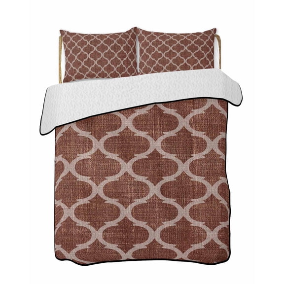 Twin Quilt Bedding Set, Brown Moroccan Reversible Summer Quilt 3 Pieces, Morocco Abstract Quatrefoil Geometric Lightweight Bedspreads Coverlets with 2 Pillow Shams for All Seasons