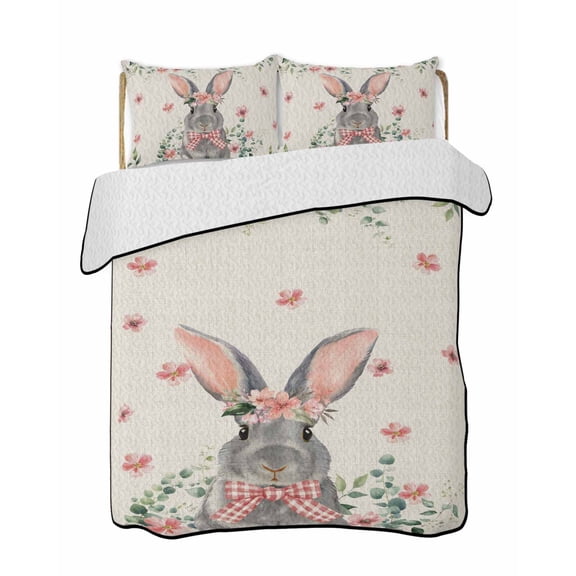Twin Quilt Bedding Set, Bunny Easter Reversible Summer Quilt 3 Pieces, Spring Floral Eucalyptus Leaves Rustic Lightweight Bedspreads Coverlets with 2 Pillow Shams for All Seasons