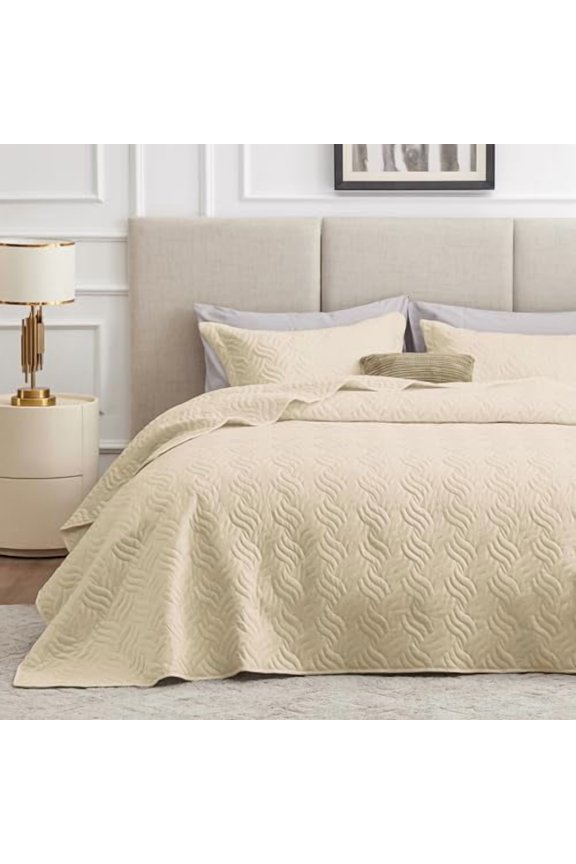 Twin Quilt Bedding Set Camel Bedspreads - Soft Bed Summer Lightweight Bedspread Comforter - Wave Pattern Bedding Coverlet for All Season - 2 Pieces (1 Quilt, 1 Pillow Sham)