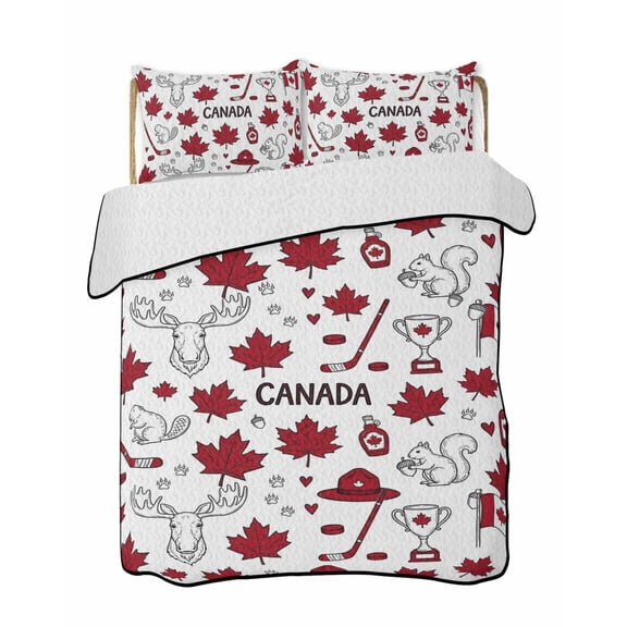 Twin Quilt Bedding Set, Canada Style Reversible Summer Quilt 3 Pieces, Watercolor Red Maple Leaf Deers Lightweight Bedspreads Coverlets with 2 Pillow Shams for All Seasons